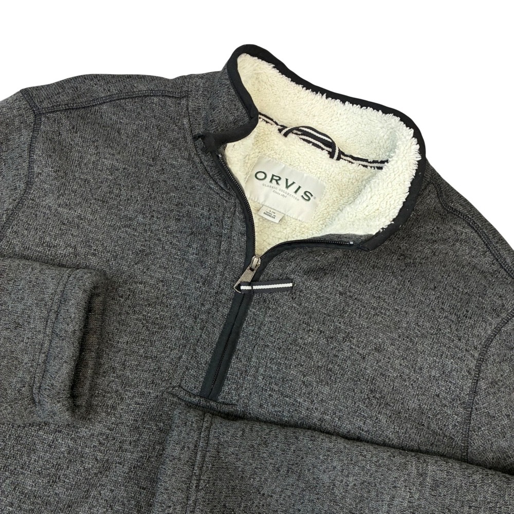 Orvis Pullover Mens Large Gray Sherpa Lined Quarter Zip Sweater Knit Fleece